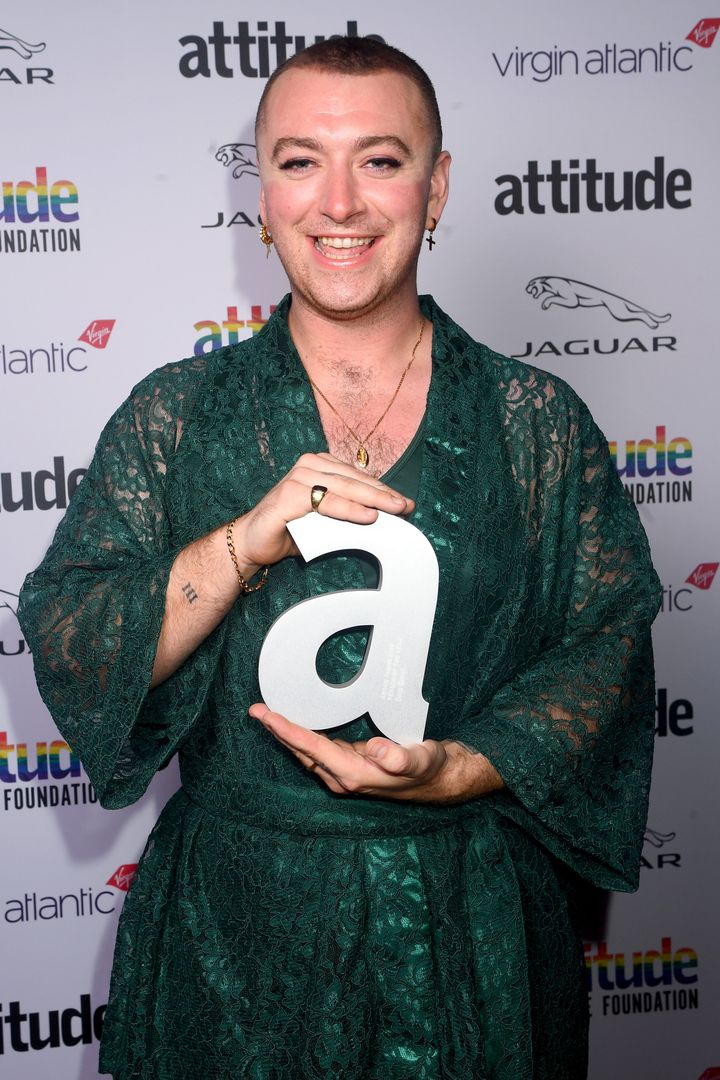 Sam Smith poses with the Attitude Person of the Year Award at the Attitude Awards 