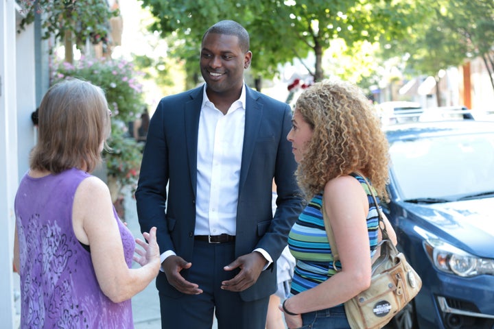 Mondaire Jones, an attorney seeking the Democratic nomination in New York's 17th Congressional District, greets voters on the campaign trail.