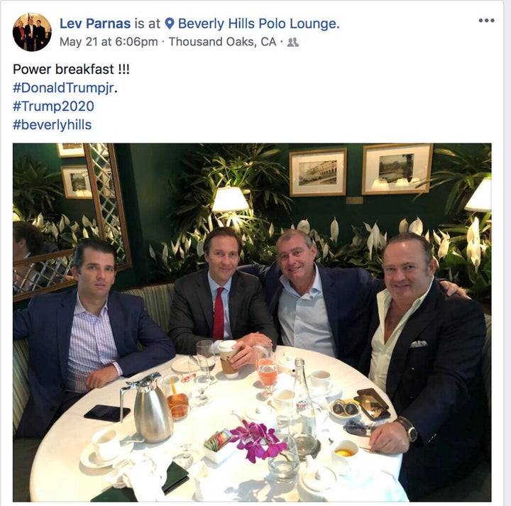 Donald Trump Jr., left, Trump campaign fundraiser Tommy Hicks Jr., Ukrainian-American businessman Lev Parnas and Belarus-born businessman Igor Fruman in a 2018 screen capture from Parnas' social media account made by the Campaign Legal Center and released by the CLC on Thursday.