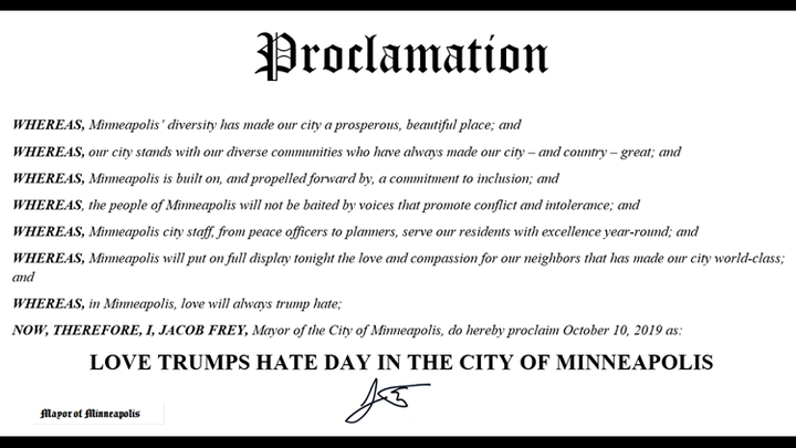 The proclamation of Love Trumps Hate Day in Minneapolis.