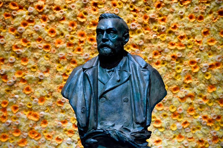 A bust of Nobel Prize founder, Alfred Nobel displayed at the Concert Hall in Stockholm, Sweden