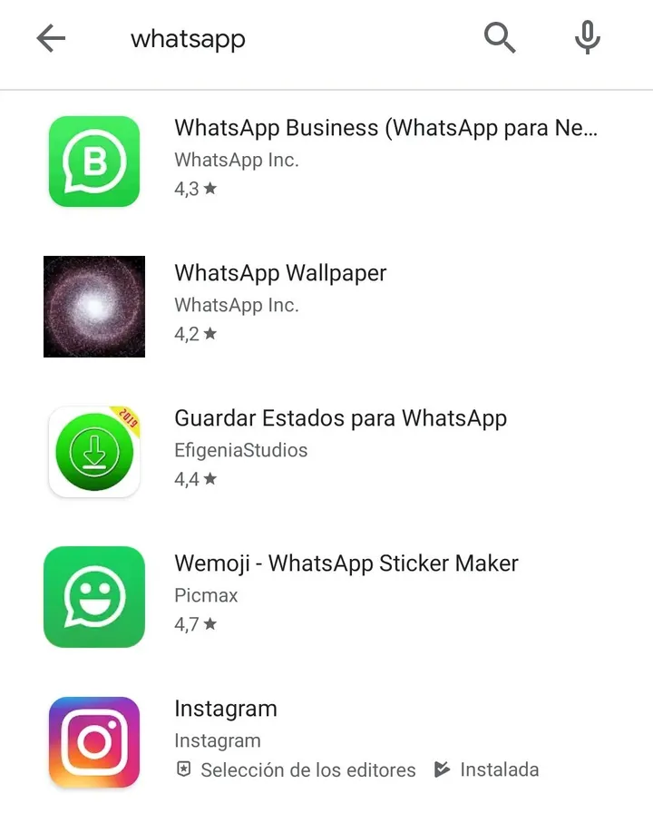Captura de Play Store en la que no aparece WhatsApp.