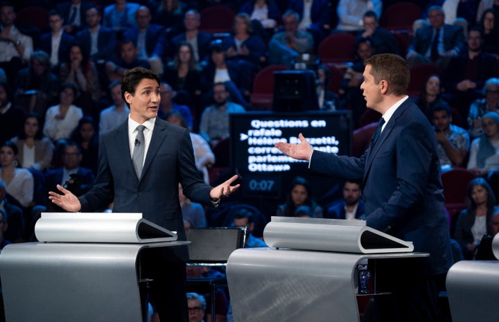 Liberal leader Justin Trudeau and Conservative leader Andrew Scheer take part in the leaders' debate in Gatineau, Que. on Oct. 10, 2019. 