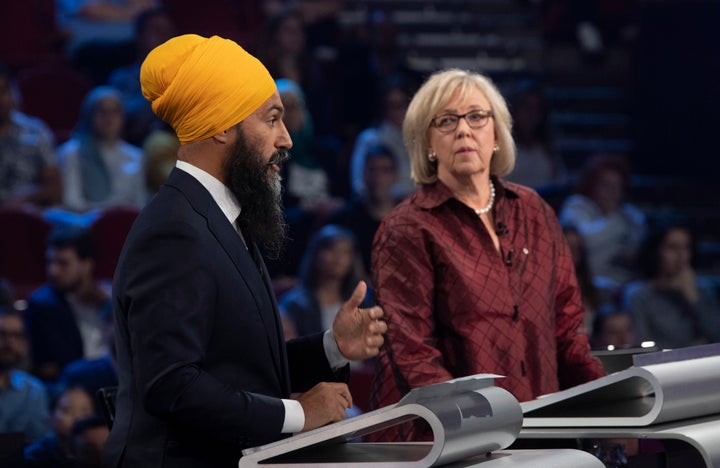 NDP Leader Jagmeet Singh and Green Party leader Elizabeth May take part in the leaders' debate in Gatineau, Que. on Oct. 10, 2019. 