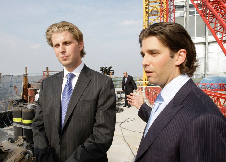 Eric Trump (left) graduated from Georgetown University in 2006.  Donald Trump Jr. (right) graduated from the Wharton School of the University of Pennsylvania in 2000. Both joined the Trump Organization shortly after college.