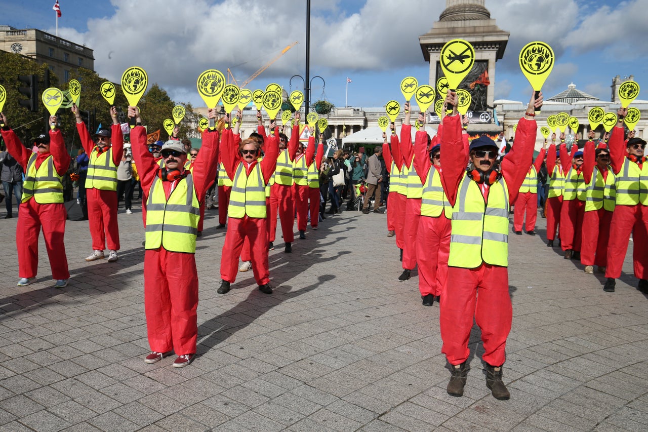 Anti-aircraft protesters in Trafalgar Square during the third day of an Extinction Rebellion protest in Westminster