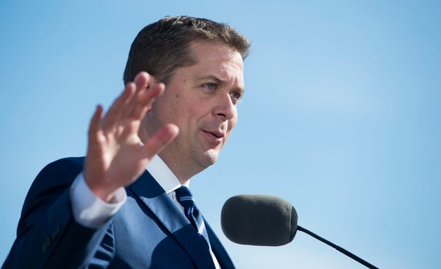 Conservative Party Leader Andrew Scheer addresses the media following the unveiling of his party's platform...