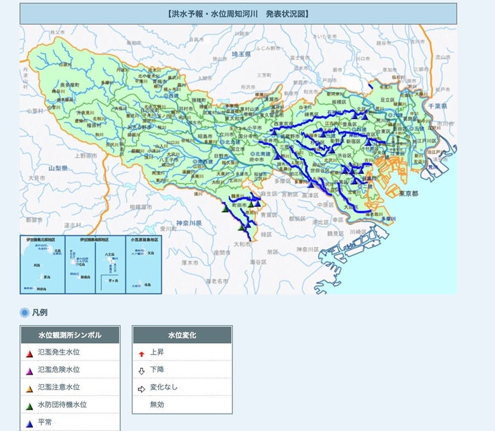 洪水予報・水位周知河川の発表状況（東京都・午前10時46分現在）