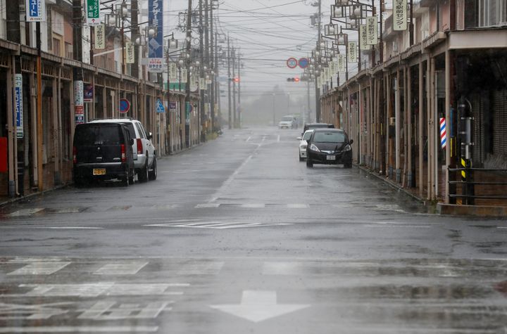 An empty road leading into Shiroko, Suzuka, Japan October 12, 2019, seen in heavy rain ahead of Typhoon Hagibis. REUTERS/Soe Zeya Tun