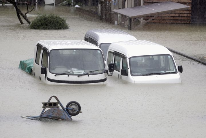 A residential area is flooded in Ise, Mie Prefecture, central Japan, ahead of the arrival of Typhoon Hagibis, in this photo taken by Kyodo October 12, 2019. Mandatory credit Kyodo/via REUTERS ATTENTION EDITORS - THIS IMAGE WAS PROVIDED BY A THIRD PARTY. MANDATORY CREDIT. JAPAN OUT.