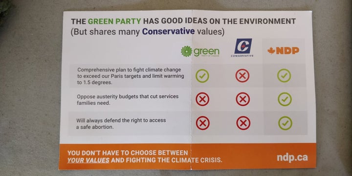 A flyer, released by the NDP, claims that besides climate change, the Green Party is similar to the Conservatives.