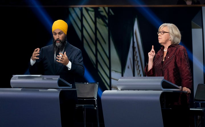 Jagmeet Singh and Green Party leader Elizabeth May during the federal leaders' French-language debate in Gatineau, Que. on Oct. 10, 2019.