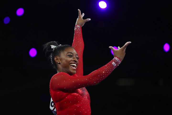 Gold medalist Simone Biles of the United States performs on the vault in the women's apparatus finals at the Gymnastics World Championships in Stuttgart, Germany, Saturday, Oct. 12, 2019.