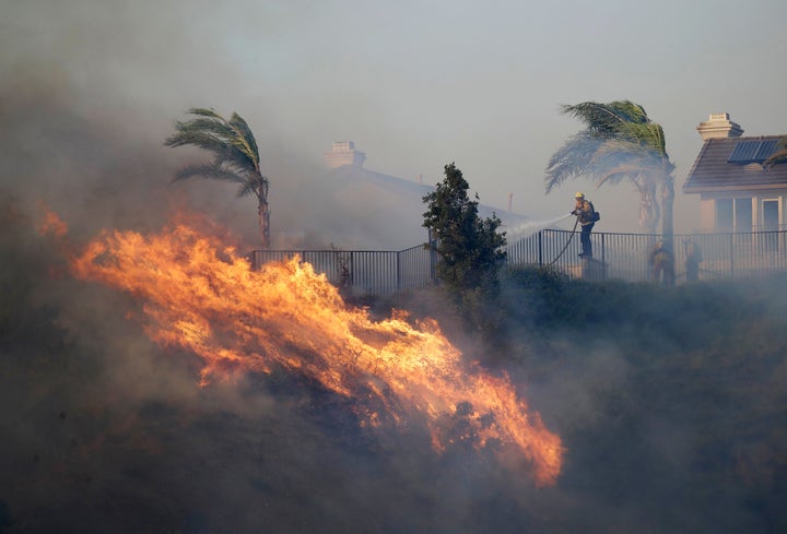 A firefighter sprays water in front of an advancing wildfire Friday, Oct. 11, 2019, in Porter Ranch, Calif. 