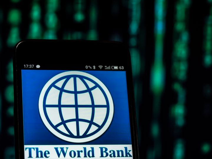 The World Bank logo displayed on a smartphone.