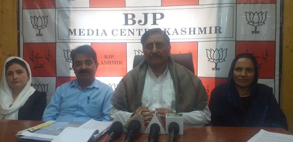 Ashwani Kumar Chrungoo, BJP state spokesperson on Kashmir Affairs, addresses a press conference. He said nine of its candidates for the upcoming block-election had already been elected unopposed.
