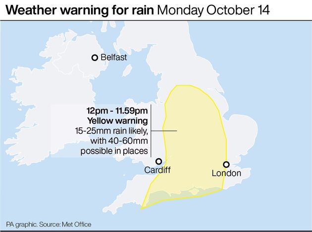 Weather warning for rain Monday October 14. See story WEATHER Rain. Infographic by PA Graphics.