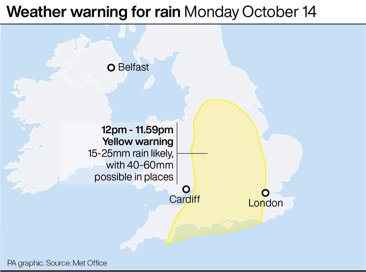 Weather warning for rain Monday October 14. See story WEATHER Rain. Infographic by PA Graphics.