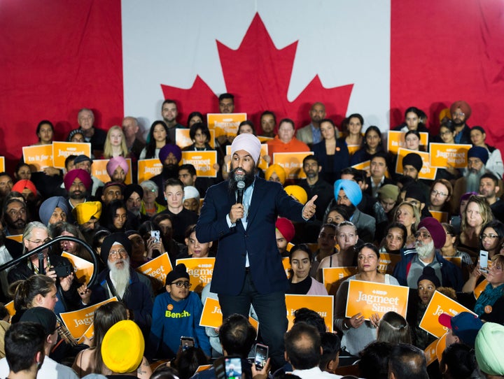 NDP Leader Jagmeet Singh speaks at a rally during a campaign stop in Surrey, B.C., on Oct. 13, 2019.