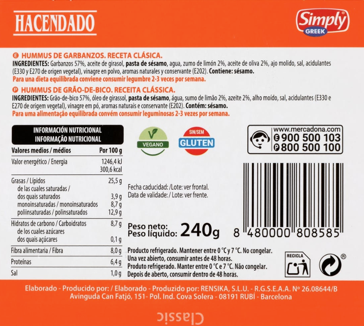 Etiqueta trasera del hummus de Mercadona.