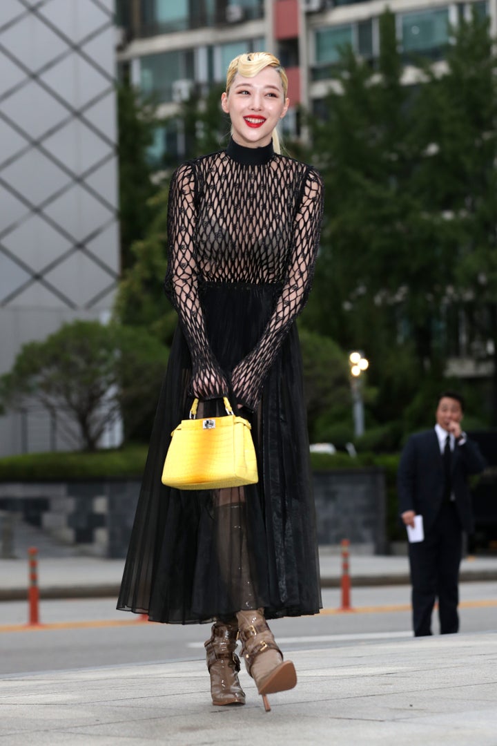 Former member of South Korean girl group f(x), Sulli, attends the photocall for FENDI on September 03, 2019 in Seoul.