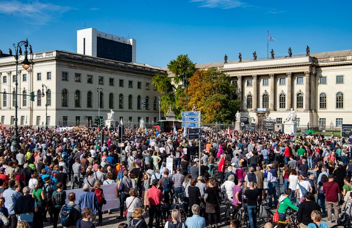 People participate in a demonstration against anti-Semitism at Bebelplatz square on October 13, 2019. 