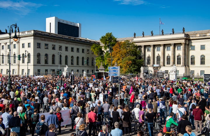 People participate in a demonstration against anti-Semitism at Bebelplatz square on October 13, 2019.