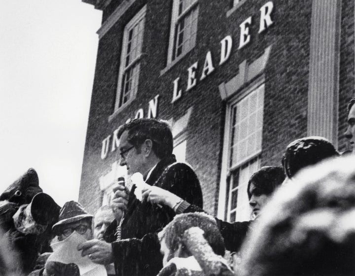 Sen. Edmund Muskie denounces conservative Manchester Union Leader publisher William Loeb in front of the newspaper's Manchester, New Hampshire, building, Feb. 26, 1972. (AP Photo, File)