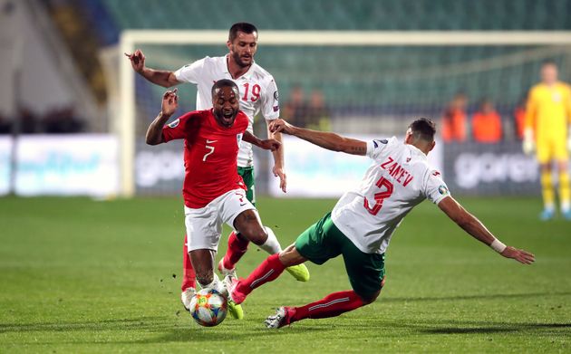 England's Raheem Sterling (centre) battles for the ball with Bulgaria's Ismail Isa (left) and Petar Zanev (right) during the UEFA Euro 2020 Qualifying match at the Vasil Levski National Stadium, Sofia, Bulgaria.