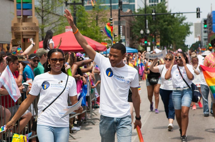 Robert Emmons Jr., here with his wife, Brittani, on June 30, is trying to unseat Rep. Bobby Rush (D-Ill.).