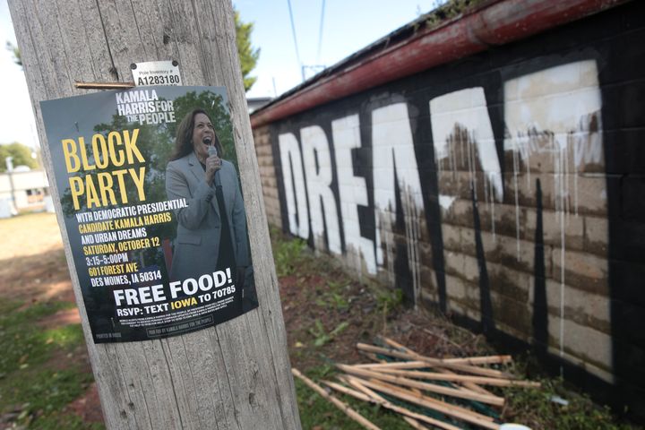 A poster advertises a Kamala Harris campaign event in Des Moines, Iowa. Harris has reworked her stump speech, which now includes a section asking voters to believe she can win the state’s crucial caucuses.