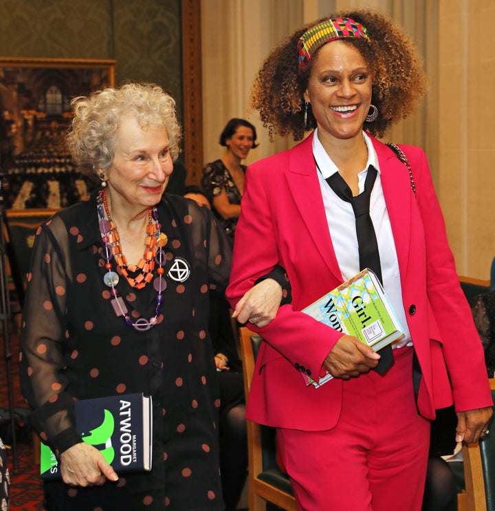 Joint winners Margaret Atwood and Bernardine Evaristo attend The 2019 Booker Prize Winner Announcement at The Guildhall on October 14, 2019 in London, England.