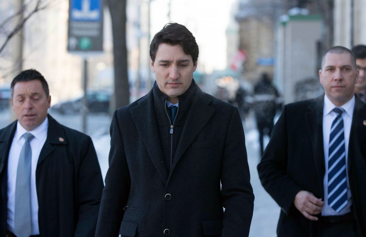 Canadian Prime Minister Justin Trudeau walks to a press conference from the Prime Minister's office in Ottawa, Ontario, on March 7, 2019. - Trudeau on Thursday denied allegations of "partisan" political meddling in the criminal prosecution of corporate giant SNC-Lavalin, that have plunged his Liberal government into its worst crisis yet. "I have never raised partisan considerations" in conversations with his former attorney general Jody Wilson-Raybould, Trudeau told a press conference (Photo by Lars Hagberg / AFP) (Photo credit should read LARS HAGBERG/AFP/Getty Images)