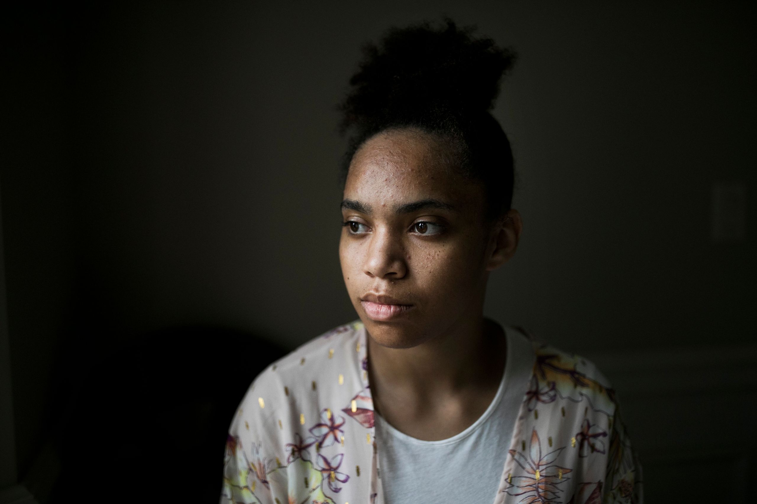 Bresha Meadows poses for a portrait in her lawyer's home in Chagrin Falls, Ohio, on Oct. 2, 2019. Meadows killed her father a