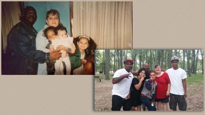 On left, Bresha (baby in center) is pictured with her mother, father and two siblings. On right, Bresha (in black) poses with her family. To her left is Ja’Von, her cousin, who also went public with his allegations of abuse at the hands of Jonathan Meadows.