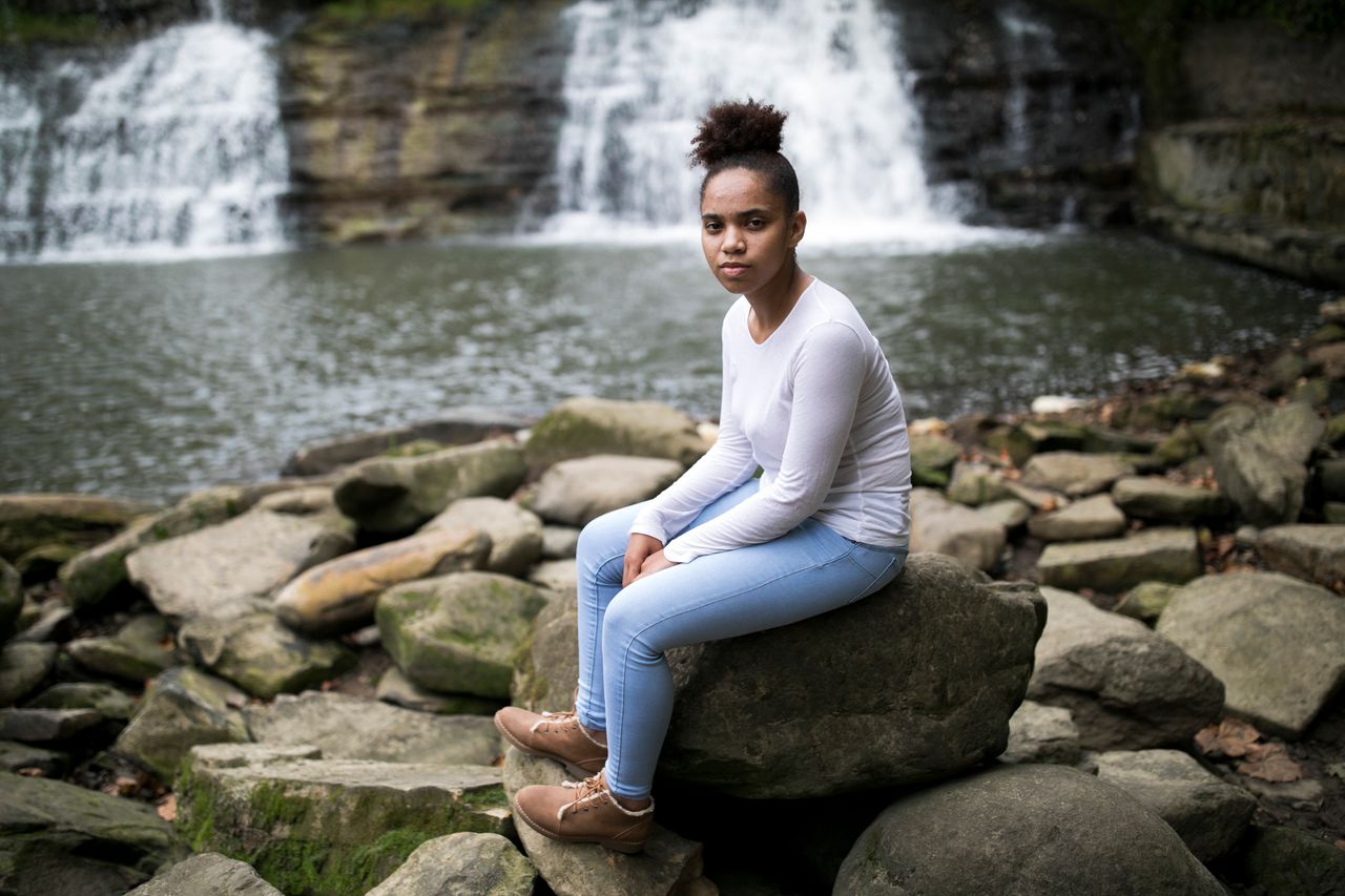 Bresha Meadows poses for a portrait in Chagrin Falls, Ohio. 