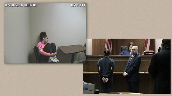 On left, Bresha is seen inside the Warren Police Department a few hours after the shooting. On right, she appears at one of her many hearings at the Trumbull County Family Court.