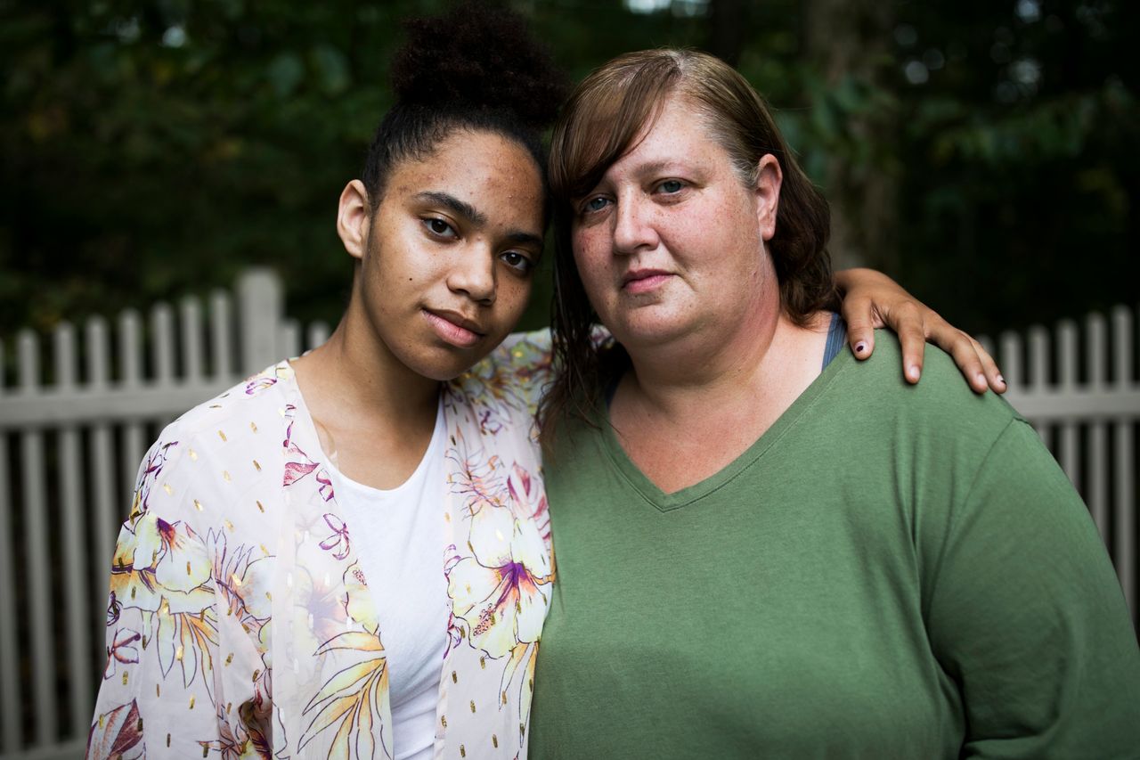 Bresha Meadows stands with her mother Brandi Meadows outside her lawyer's home in Chagrin Falls, Ohio.