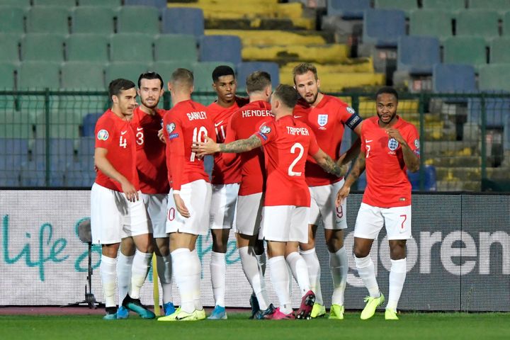 England players at the Euro 2020 qualifier in Sofia on Monday night 