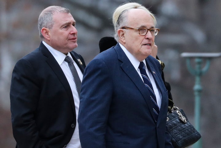 Rudy Giuliani and Lev Parnas, the Soviet-born businessman who served as Giuliani's fixer in Ukraine, arrive for the funeral o