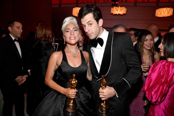 Ronson and Lady Gaga pose with the Academy Award for Best Original Song on Feb. 24, 2019, in Beverly Hills, California.