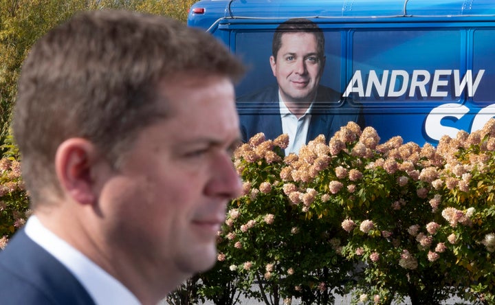 Conservative Leader Andrew Scheer makes an announcement near the campaign bus during a campaign stop in Quebec City on Oct. 15, 2019.