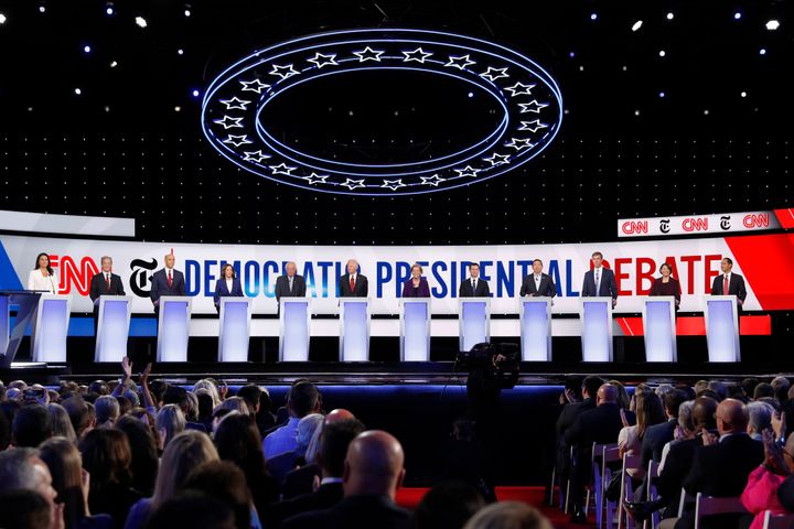 Democratic presidential candidates onstage at Tuesday's Democratic presidential primary debate hosted by CNN and The New York Times at Otterbein University in Westerville, Ohio.