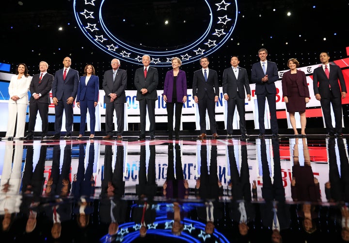 The 12 Democratic presidential candidates on stage Tuesday at the debate included four women, Rep. Tulsi Gabbard, Sen. Kamala Harris, Sen. Elizabeth Warren and Sen. Amy Klobuchar.