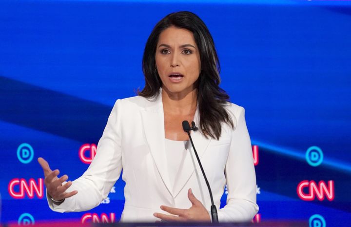Democratic presidential candidate Tulsi Gabbard speaks during Tuesday's debate in Westerville, Ohio.