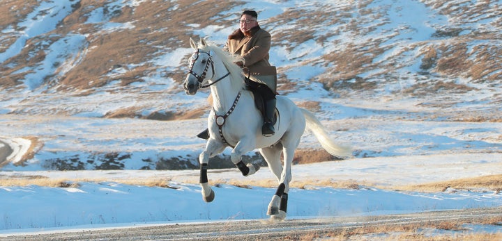 North Korean leader Kim Jong Un rides a horse during snowfall in Mount Paektu in this image released by North Korea's Korean Central News Agency.