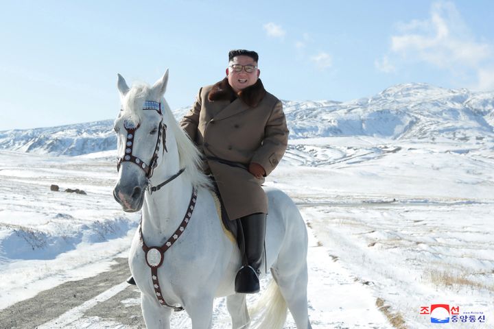 North Korean leader Kim Jong Un rides a horse during snowfall in Mount Paektu in this image released by North Korea's Korean Central News Agency.