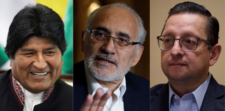 De izquierda a derecha: Evo Morales, Carlos Mesa y Óscar Ortiz, principales candidatos a la presidencia de Bolivia.