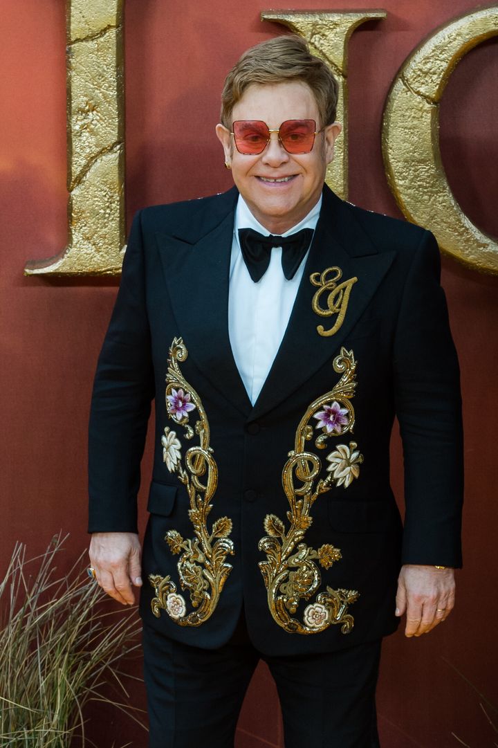 Elton John attends the European film premiere of Disney's The Lion King.