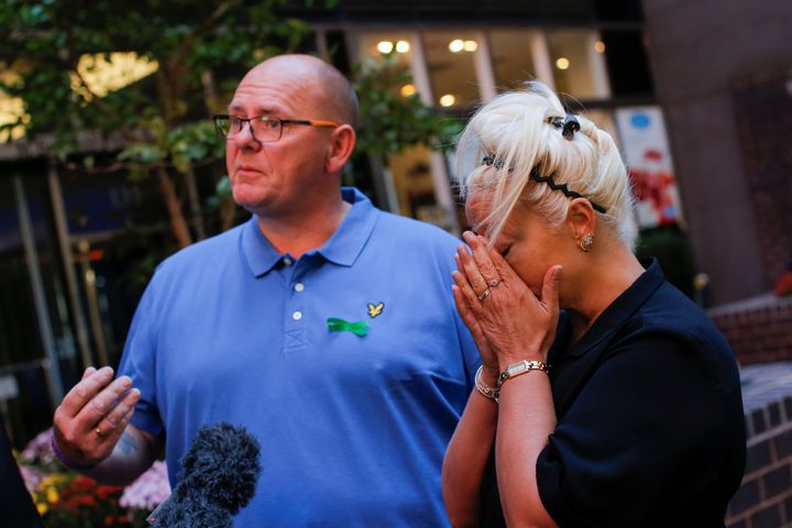 Tim Dunn and Charlotte Charles, parents of British teen Harry Dunn who was killed in a car crash on his motorcycle, allegedly by the wife of an American diplomat, speak during a interview in the Manhattan borough of New York City, New York, U.S., October 15, 2019. 